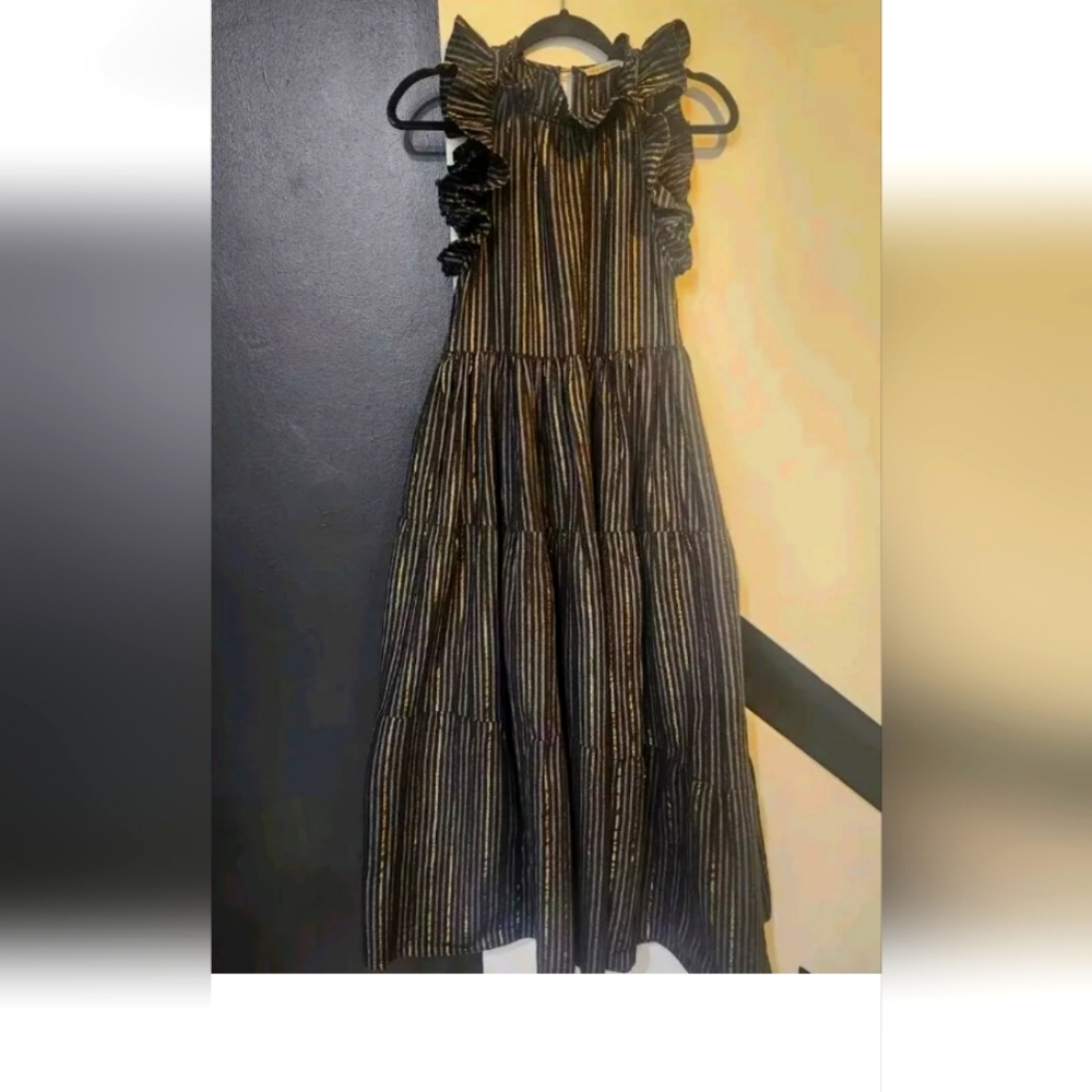 Ulla Johnson Xs Black Gold Stripe  Shiny Maxi Long Dress $522